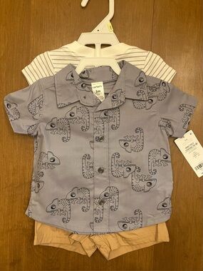 3M Baby Set- Gray Chameleon Button-Up Shirt, Bodysuit, and Khaki Shorts